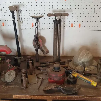 Antique Hand Tools, Safety Hat, Solder, Planes, Etc