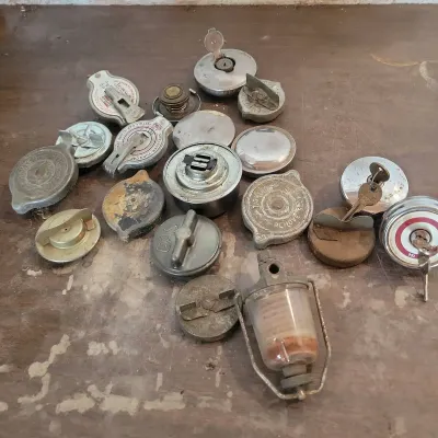 Antique Gas Caps (2 With Keys) & Vintage Fuel Sediment Bowl Assembly