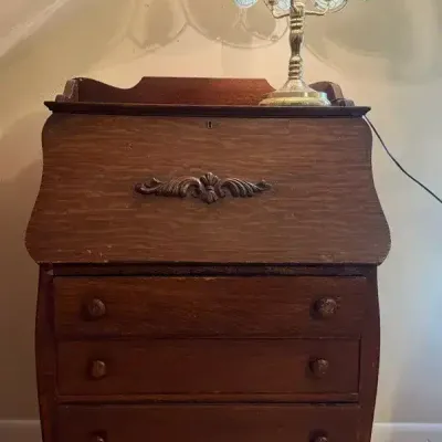 Oak Drop-Front Secretary Desk & Lamp