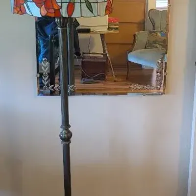 Vintage Beveled Wall Mirror & Tiffany Style Stained Glass Floor Lamp 
