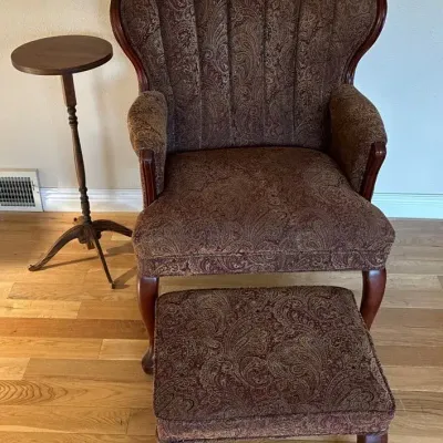 Wing Backed Chair W/ Ottoman & Side Table