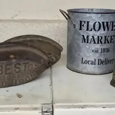 Cast Iron Sad Iron  72-B (3), Antique Sad Cast Iron, Galvanized Metal Bucket