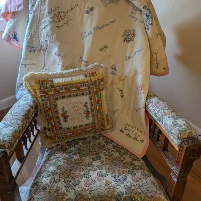Victorian-era Rocking Chair, Decorative Pillow & Quilt 
