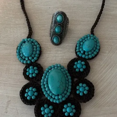 Turquoise Necklace And Ring Silver Colored Set