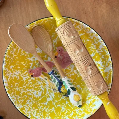 Lemon Yellow Bowl, Duck Rolling Pin, Flamingo Tablespoon
