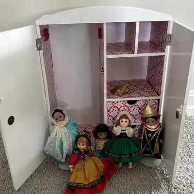 Handmade Doll Closet With Red And White Pattern + Cultural Doll Set
