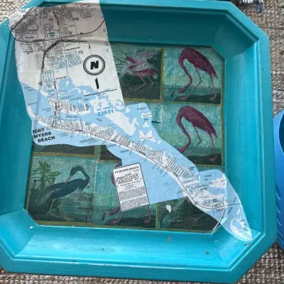 Whimsical Fort Myers Beach Map & Flamingo Decoupage Accent Table