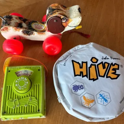 Antique Little Snoopy Dog, Hive Game & Fisher Price Birthday Music Box
