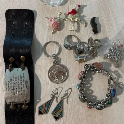 Costume Jewlery Lot Pins, Leather Bracelet, Clear Gem & More