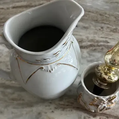 Yale Pitcher + Mug & Glass Blown Gold Colored Wine Stopped