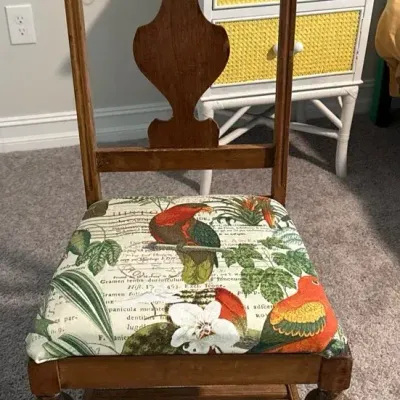 Antique Carved Wood Side Chair with Whimsical Tropical Bird Upholstery