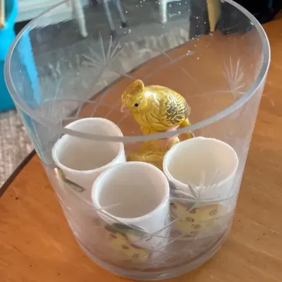 Big Glass Candle Holder + Fruit Designed Small Cups & Bird Piece 