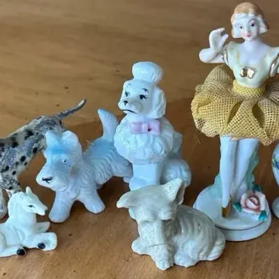Ceramic Dogs (Japan) & Ballerina & Vases + Metal Dogs Mini Figurine Set