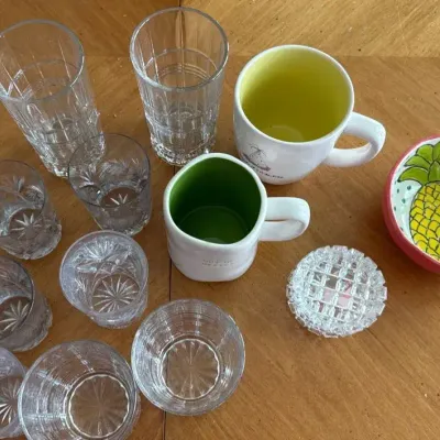 Lot Of Cut Glass Glasses/  Coffee Mugs - Rae Dunn 
