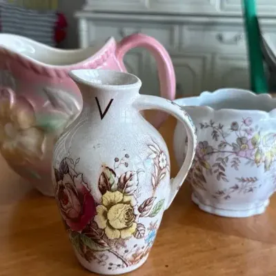 Vintage Floral Porcelain Pitchers & Creamer — Japan & Germany
