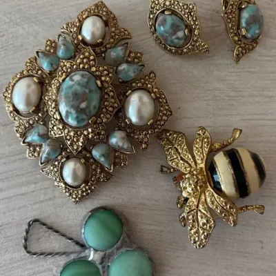 Bee Pin, Gold Colored & Blue Mixed Jewelry Lot