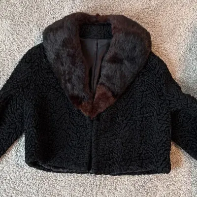 Vintage Black Persian Lamb-Style Coat with Luxurious Fur Collar