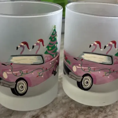 Christmas Pink Flamingo Frosted Glass Set Of 2