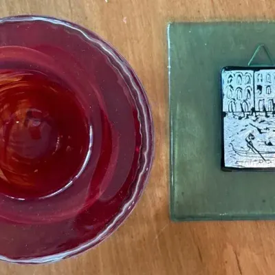 vintage Kosta Boda Atoll Red Swirl Glass Votive Candle Holder And Decorative Glass Wall Plaque
