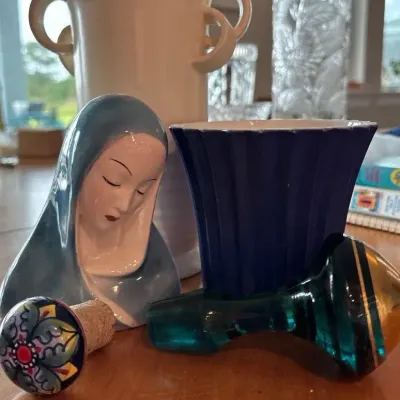 Lady With Blue Cloak, Blue And White Planter + Decanter Tops