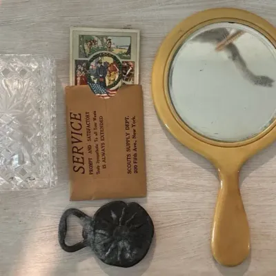 Antique Handheld Mirror, Pineapple Crystal Cut Trinket Box, Sun Bottle Opener And Card Set