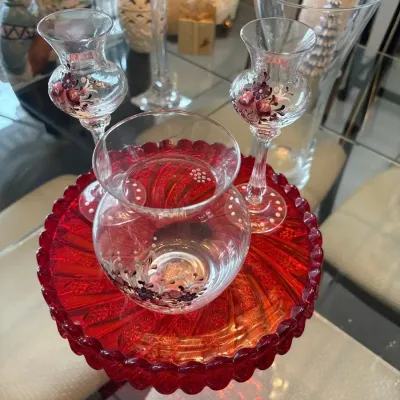 Red Glass Cake Holder , Hand Painted Vase And Candle Sticks 