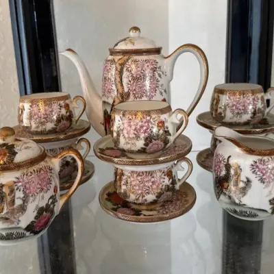 Vintage Japanese-Style Porcelain Tea Set with Peacock & Floral Motif – Gold Trim