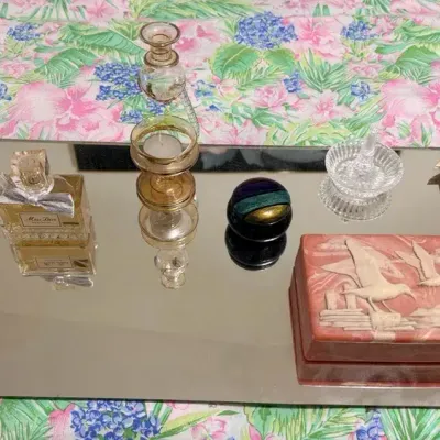 Vanity Mirror Tray With Perfume And Collectible 