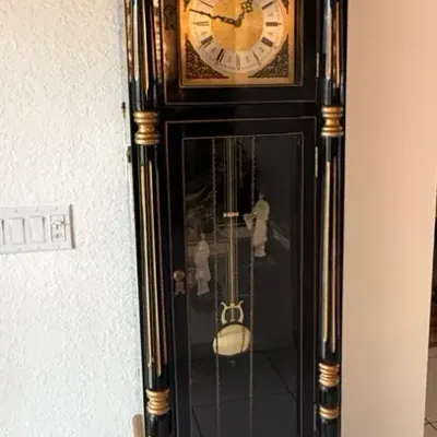 Asian Black Lacquer Grandfather Clock with Mother-of-Pearl Figural Inlay