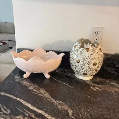 Vintage Decorative Pink Milk Glass  Bowl & Floral Pierced Vase – White & Gold Accents