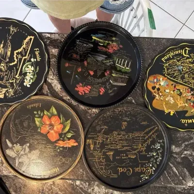 Set of 5 Vintage Souvenir Serving Trays – Florida, Washington, California, Cape Cod & Niagara