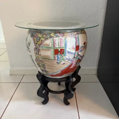     Asian Rose Medallion-Style Porcelain Garden Stool/Table with Glass Top