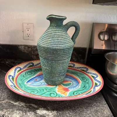 Verdigris-Style Decorative Jug with Colorful Fish Serving Platter