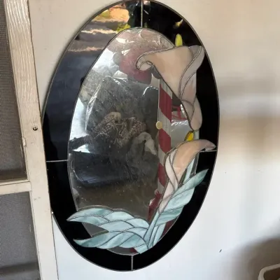 Black And Pink Floral Stained Glass Hanging Mirror 26 Inches 