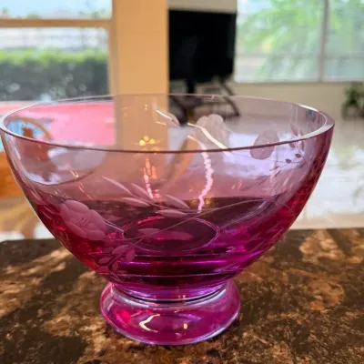 Vintage Cranberry Amethyst Etched Glass Footed Serving Bowl