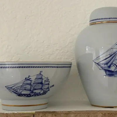 Vintage Spode Trade Winds Blue W146 Ginger Jar & Serving Bowl – England