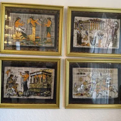 Set of 4 Framed Greek Mythology Papyrus-Style Prints – Athena, Poseidon & Classical Scenes