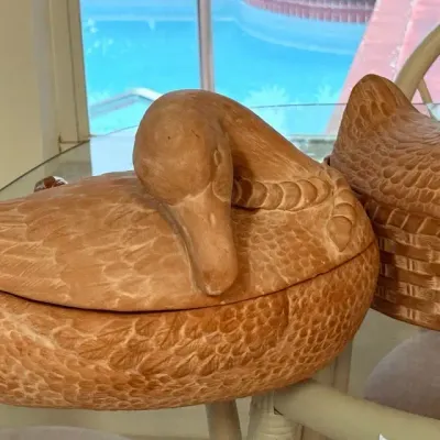 Vintage Terracotta Duck Tureen with Ladle & Hen-on-Nest Covered Dish
