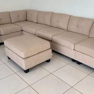 Modular Partner Furniture Neutral Upholstered Sectional Sofa with Matching Ottoman