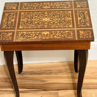 Vintage Inlaid Wood Music Box Table with Swiss Musical Movement – MAPSA