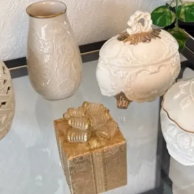 White & Gold Ceramic Décor Collection – Lenox Vase, Pineapple & Covered Boxes