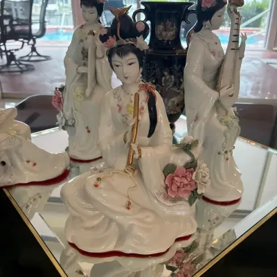 Set of Four Asian Porcelain Geisha Lady Figurines with Applied Floral Details & Traditional Dress