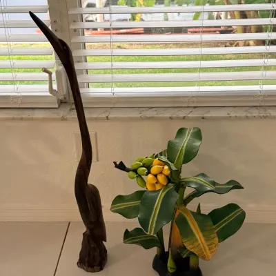 Hand-Carved Indonesian Heron & Tropical Banana Tree Sculpture Décor
