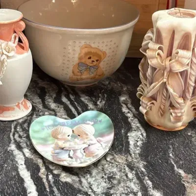 Country Teddy Bear Bowl, Vintage Candle And Vase