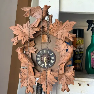 Vintage Black Forest-Style Carved Wood Cuckoo Clock with Birds, Maple Leaves & Hanging Pinecone Weig