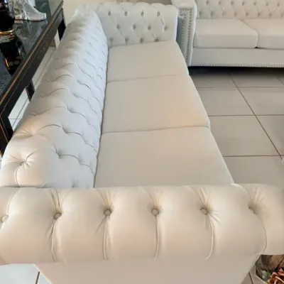 Pair of White Tufted Chesterfield-Style Sofas with Nailhead Trim