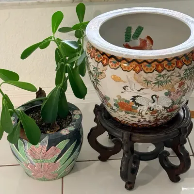 Large Asian Porcelain Fishbowl Planters with Koi & Cranes on Carved Wood Stand