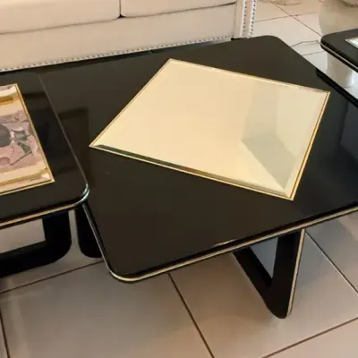 Vintage 1980s Black Lacquer & Mirrored 3-Piece Coffee and End Table Set