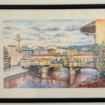 Signed Florence Italy Ponte Vecchio Watercolor Cityscape – 32” x 20”