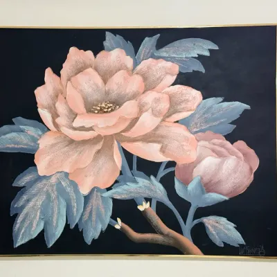Oversized Signed Floral Canvas Art with Blush Peonies & Gold-Tone Frame